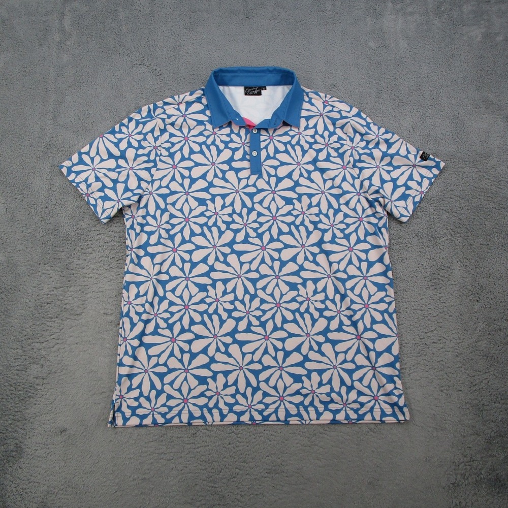Sunday Swagger Mens XL Blue Floral Daisy Golf Polo Shirt Short Sleeve Stretch